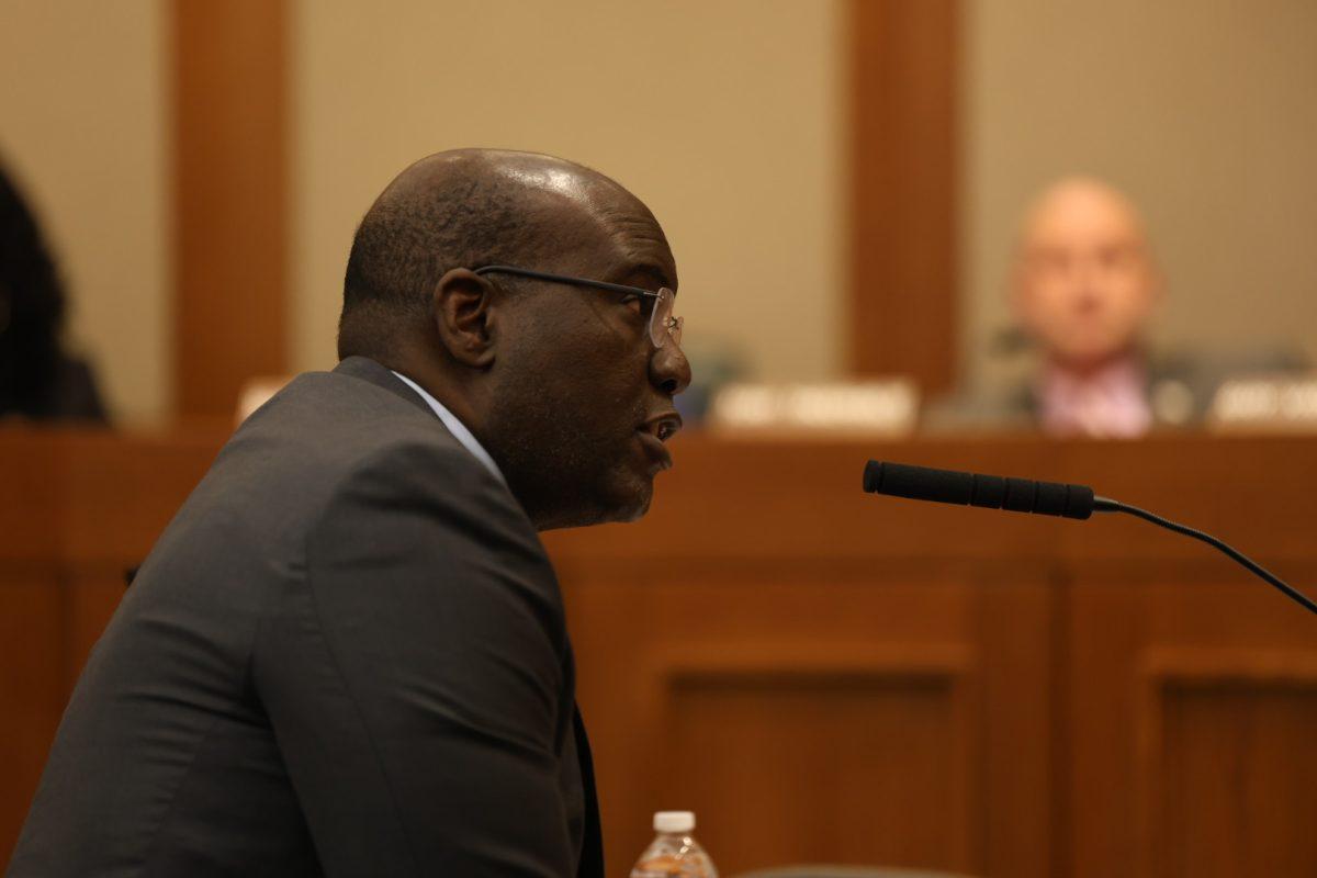 Archie Holmes Jr., UT System Executive Vice Chancellor of Academic Affairs,  addresses the Texas House Committee on Higher Education during a hearing Tuesday. Justin Doud/TSTV News
