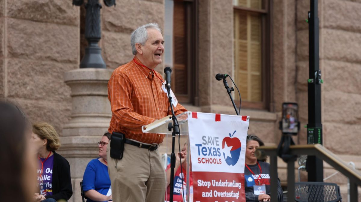 Rep. Lloyd Doggett (D-Austin) addresses the crowd during the Save Texas Schools Rally at the Texas Capitol Saturday. He eventually resorting to bullhorns from the audience to finish his speech after the sound system failed midway through. Justin Doud/TSTV News