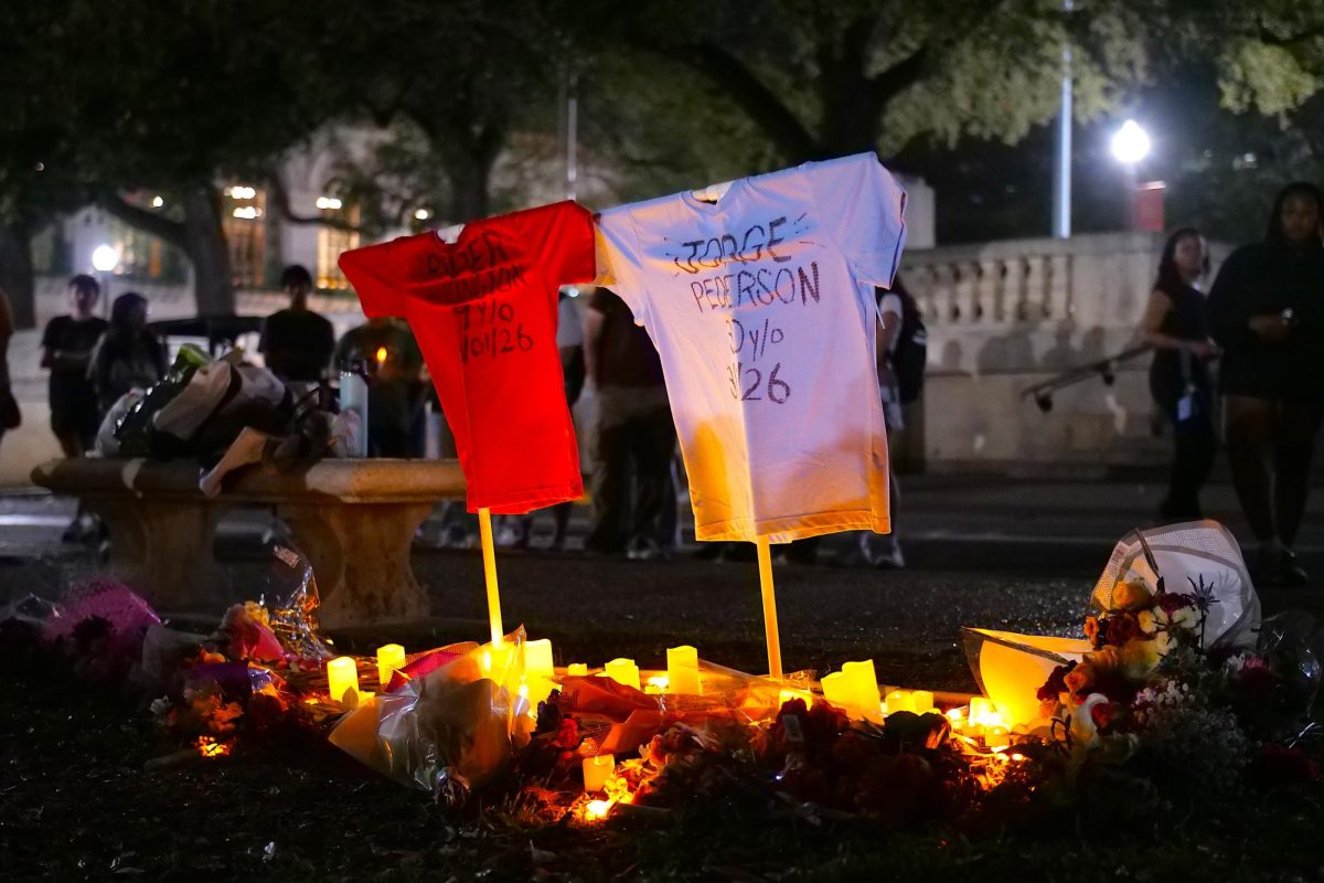A memorial constructed near the Main Building at the University of Texas at Austin honors the victims of a mass shooting at Buford's.