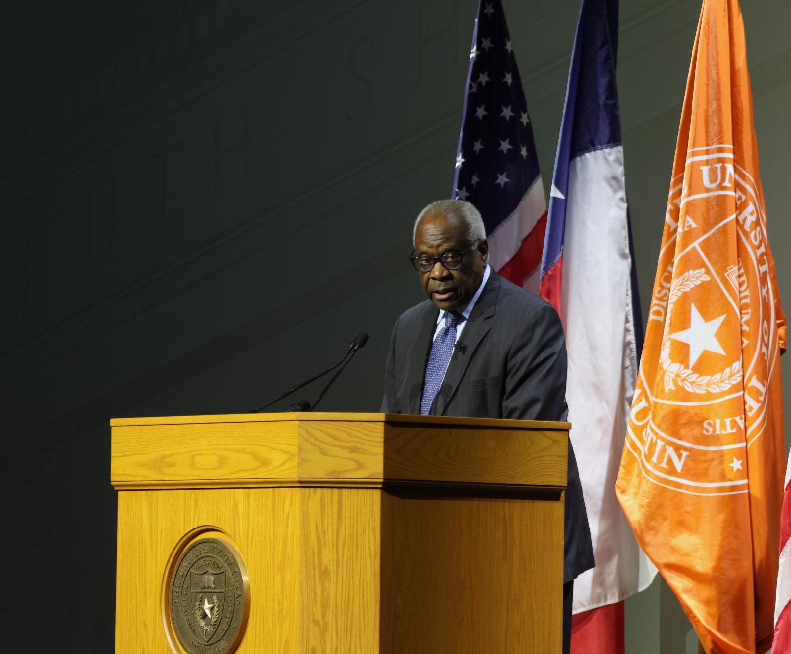Associate Justice Clarence Thomas delivers a lecture honoring the 250th anniversary of the Declaration of Independence Wednesday afternoon at Hogg Memorial Auditorium.